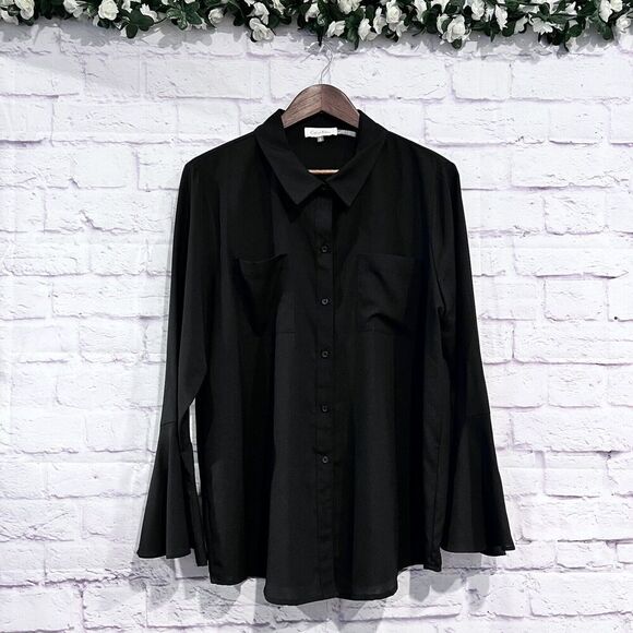 Calvin Klein Bell Sleeve Button Down Shirt‎ Black Size XL Lightweight Career - Picture 1 of 9